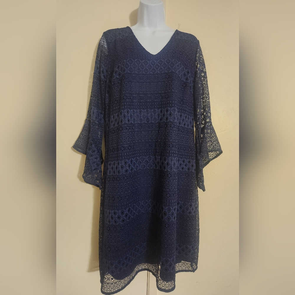 Alfani Navy 3/4 Sleeve Lace Dress